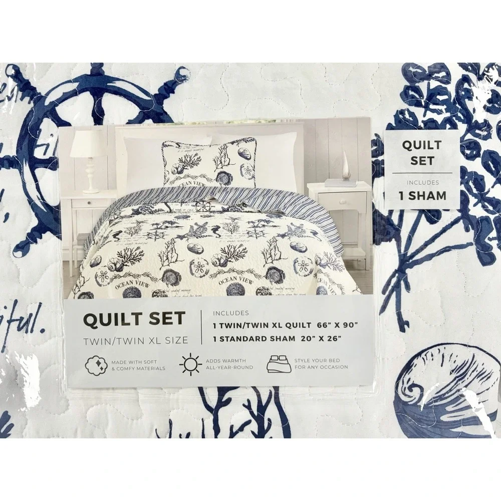 Great‎ Bay Home Catalina Coastal Quilt Set Twin Twin XL Reversible Navy Blue New